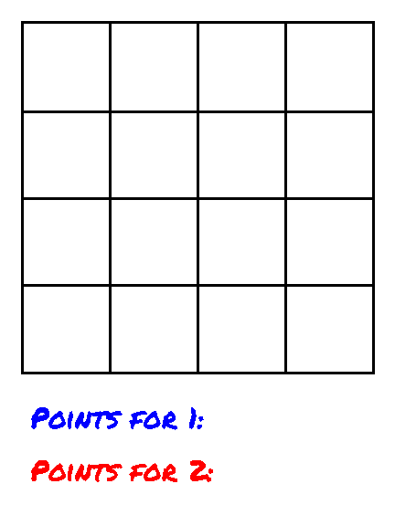 a gif of a pen-and-paper game.  Blue plays red.  Both players write circles with their number onto the grid, then connect their circles.