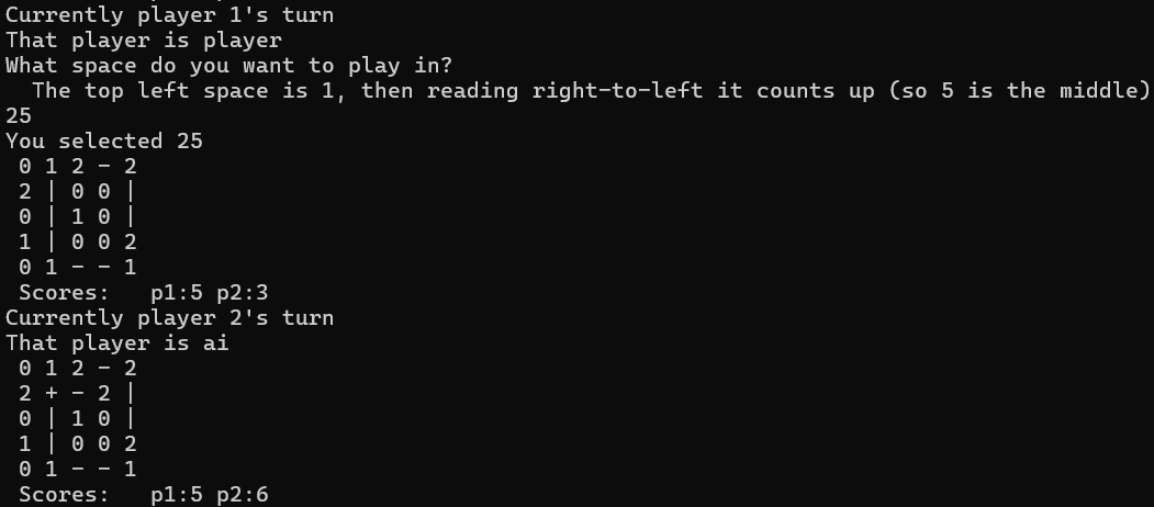 a picture of the computer terminal, displaying a 2-player game in progress, with a person playing against an AI.